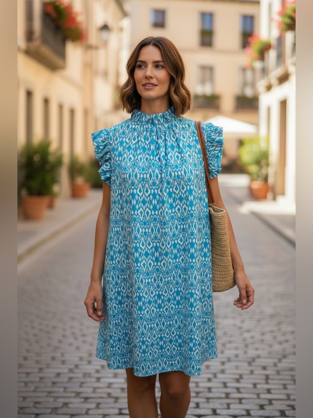 Jude Connally Blue & White Ikat Print Ruffle Sleeve Dress Size Medium